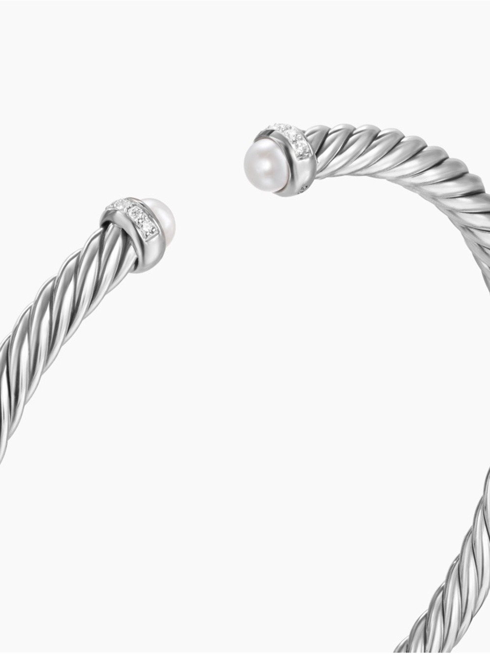 David Yurman Silver Cable Cuff with Pearl End Caps & Diamonds - Picture 10 of 11